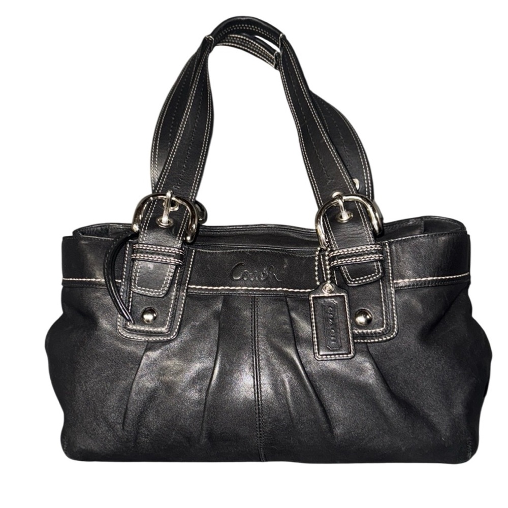 COACH F13732 Woman’s SOHO Pleated Black Leather Shoulder Bag Tote Purse